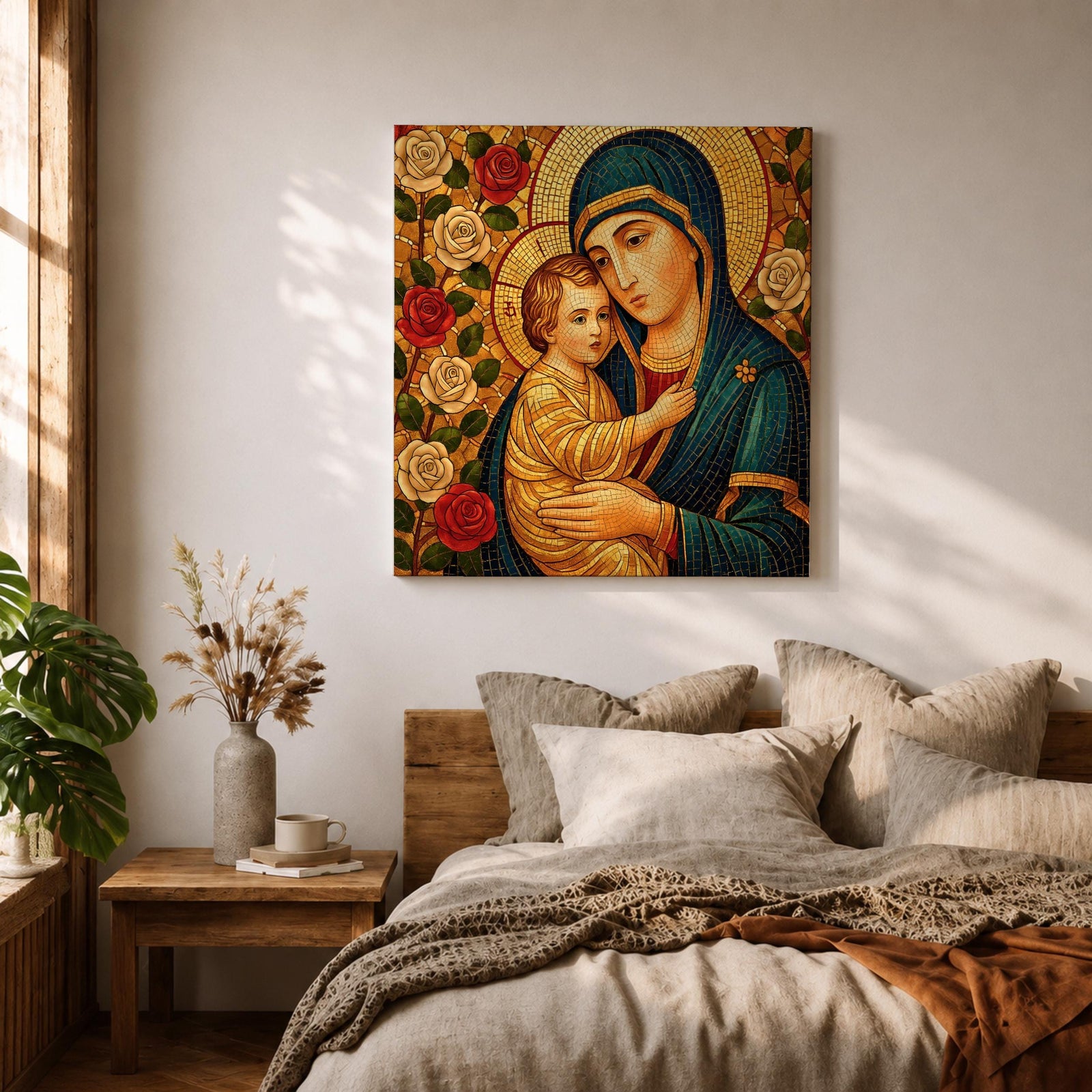 Virgin Mary Wall Art Madonna and Child Framed Canvas Mosaic Catholic Home Decor