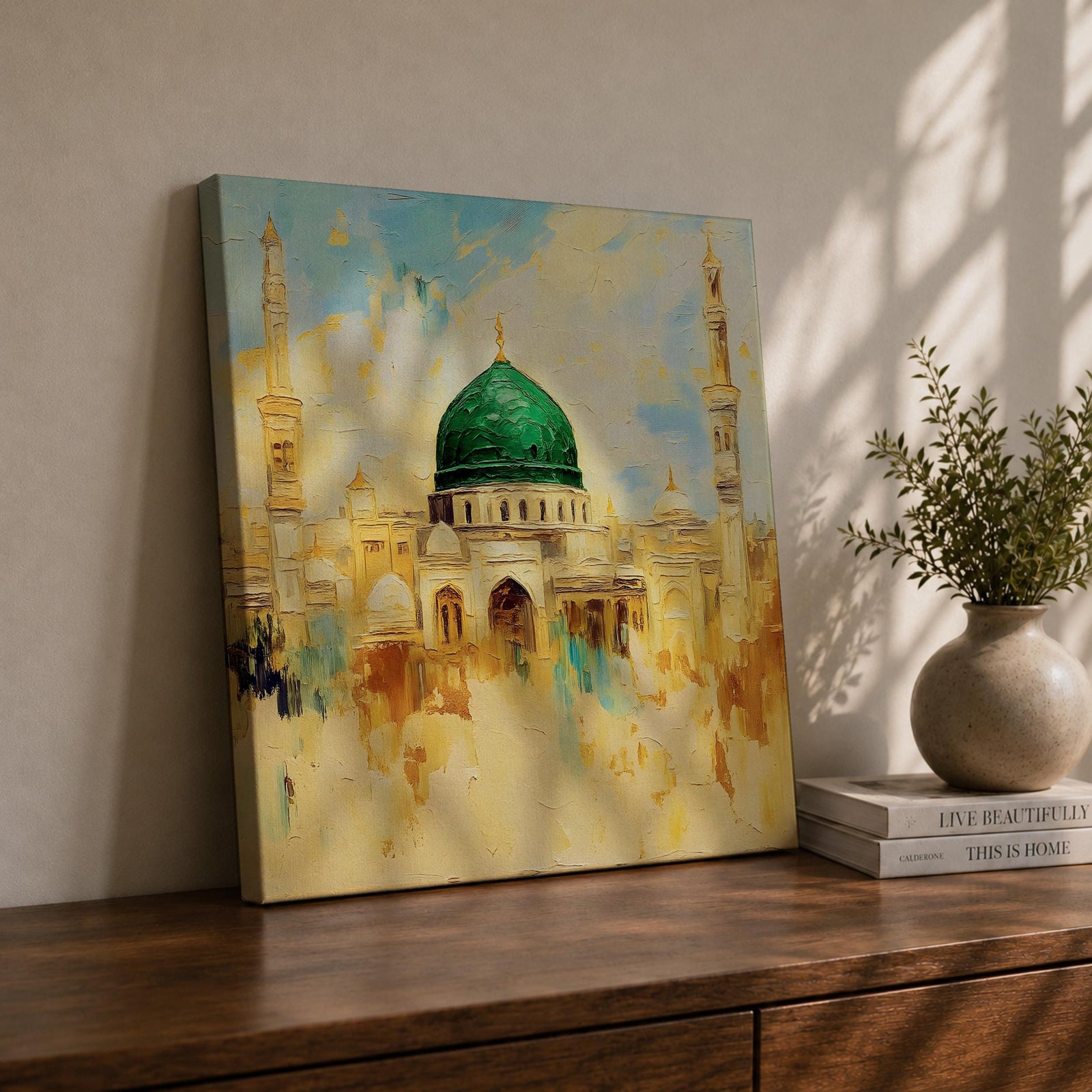 Prophets Mosque Wall Art Green Dome Framed Canvas Masjid Nabawi Islamic Muslim Home Decor