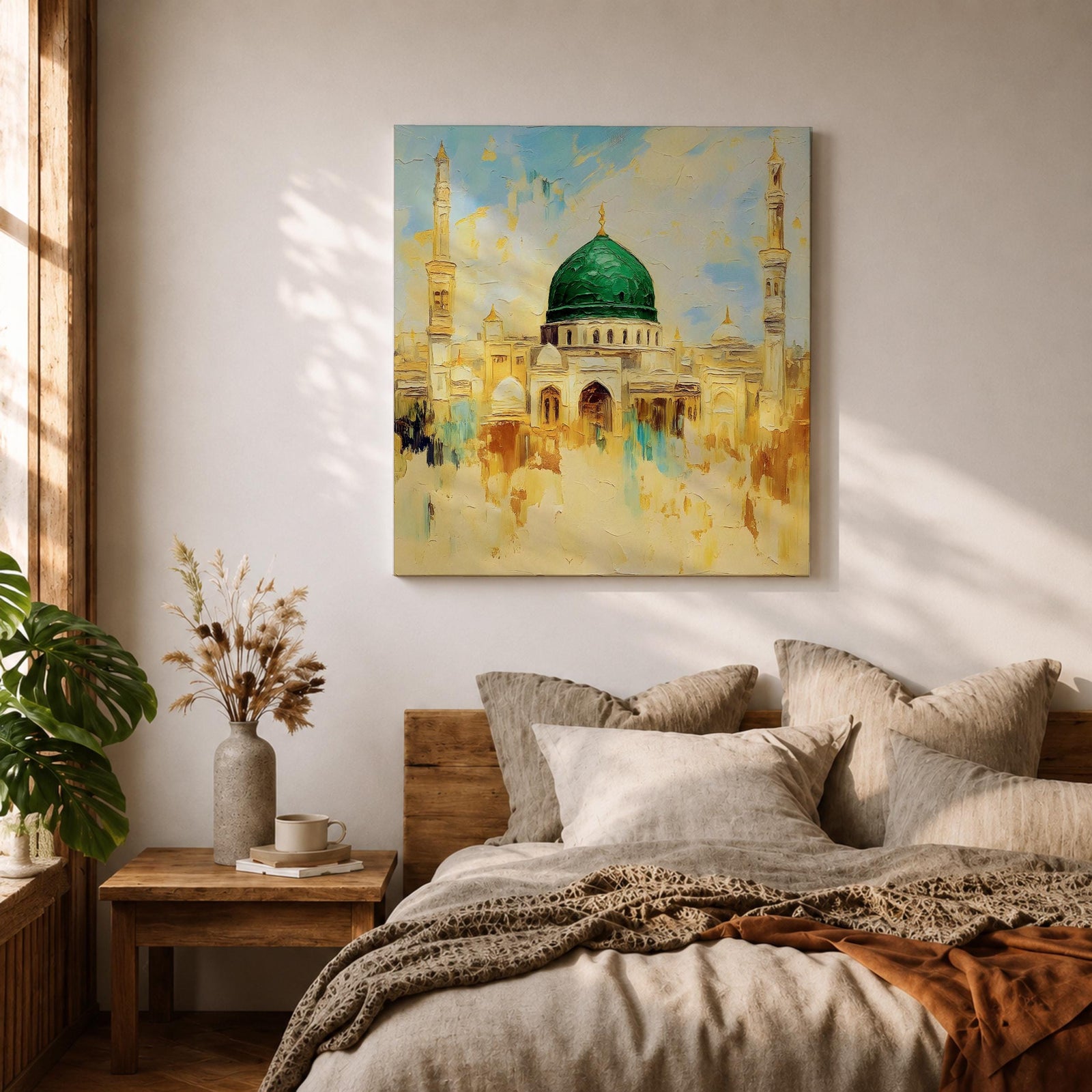 Prophets Mosque Wall Art Green Dome Framed Canvas Masjid Nabawi Islamic Muslim Home Decor