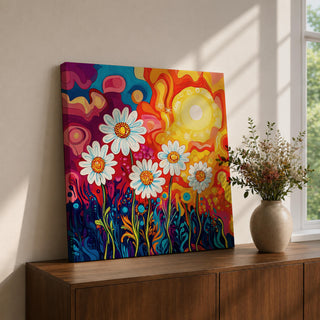 Daisy Wall Art Psychedelic Wildflower Garden Framed Canvas Boho Botanical Home Decor