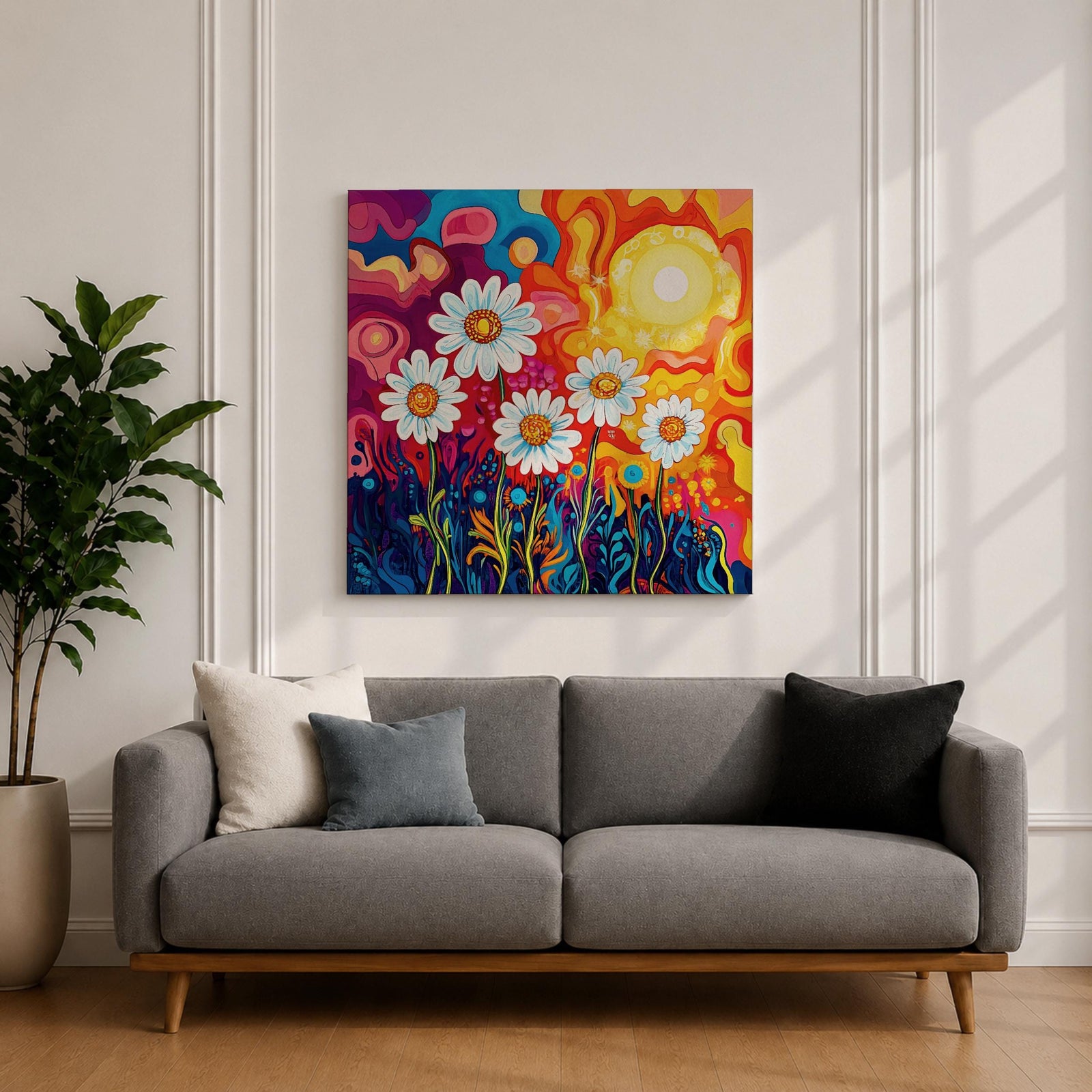 Daisy Wall Art Psychedelic Wildflower Garden Framed Canvas Boho Botanical Home Decor
