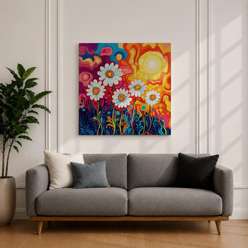 Daisy Wall Art Psychedelic Wildflower Garden Framed Canvas Boho Botanical Home Decor