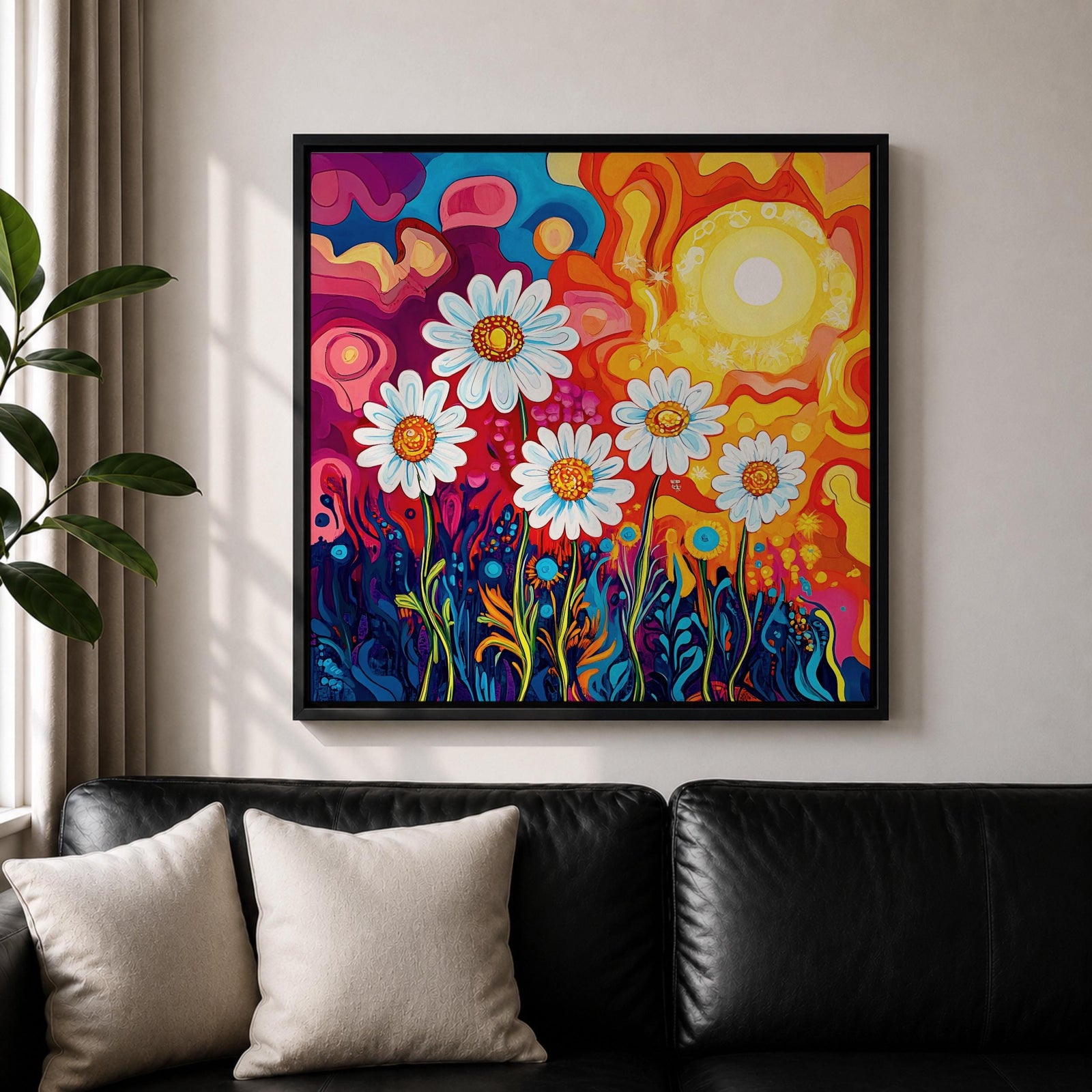 Daisy Wall Art Psychedelic Wildflower Garden Framed Canvas Boho Botanical Home Decor
