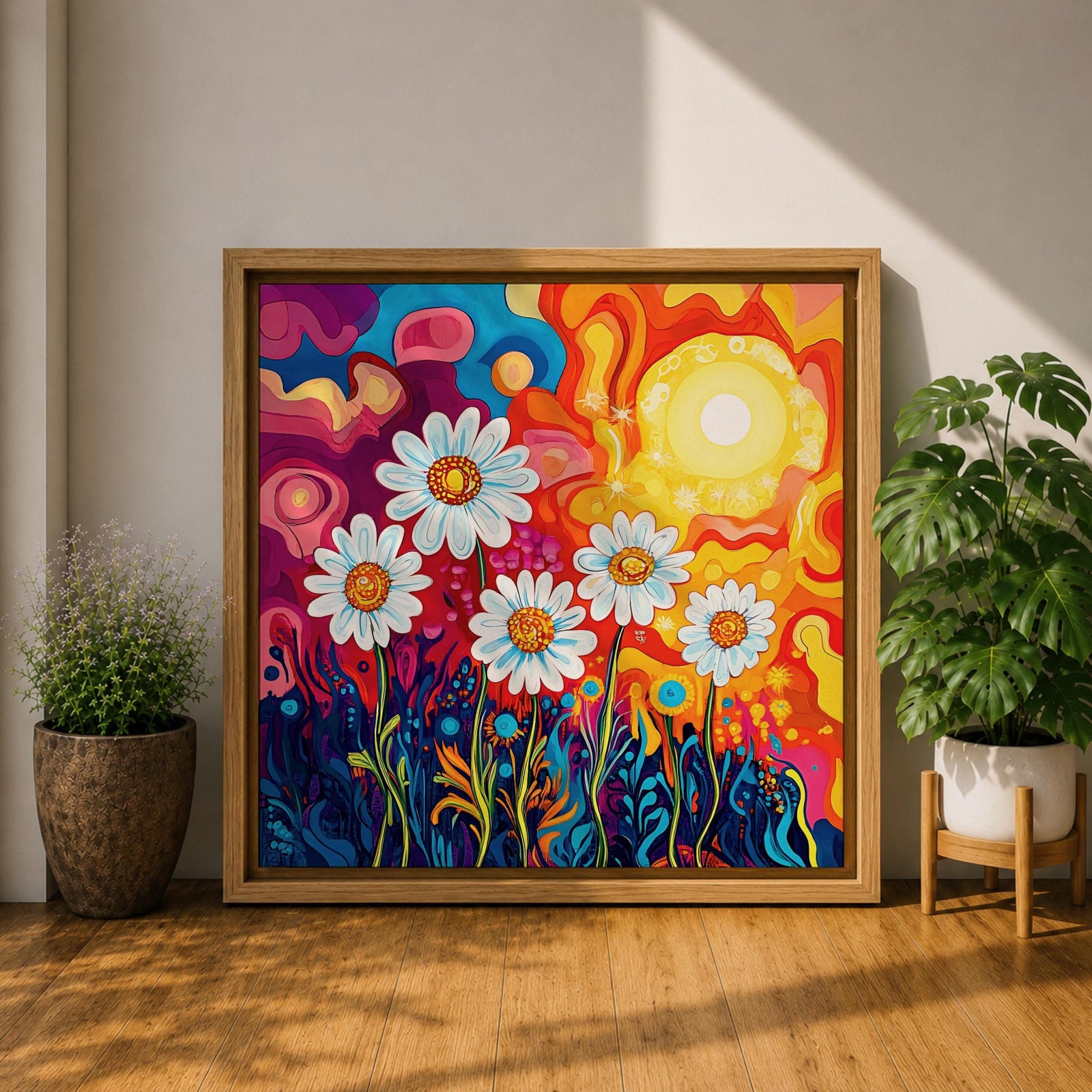 Daisy Wall Art Psychedelic Wildflower Garden Framed Canvas Boho Botanical Home Decor