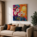 Daisy Wall Art Psychedelic Wildflower Garden Framed Canvas Boho Botanical Home Decor