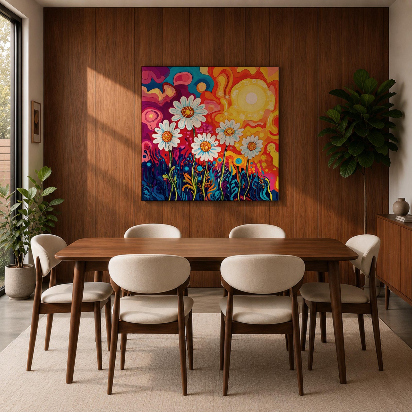 Daisy Wall Art Psychedelic Wildflower Garden Framed Canvas Boho Botanical Home Decor