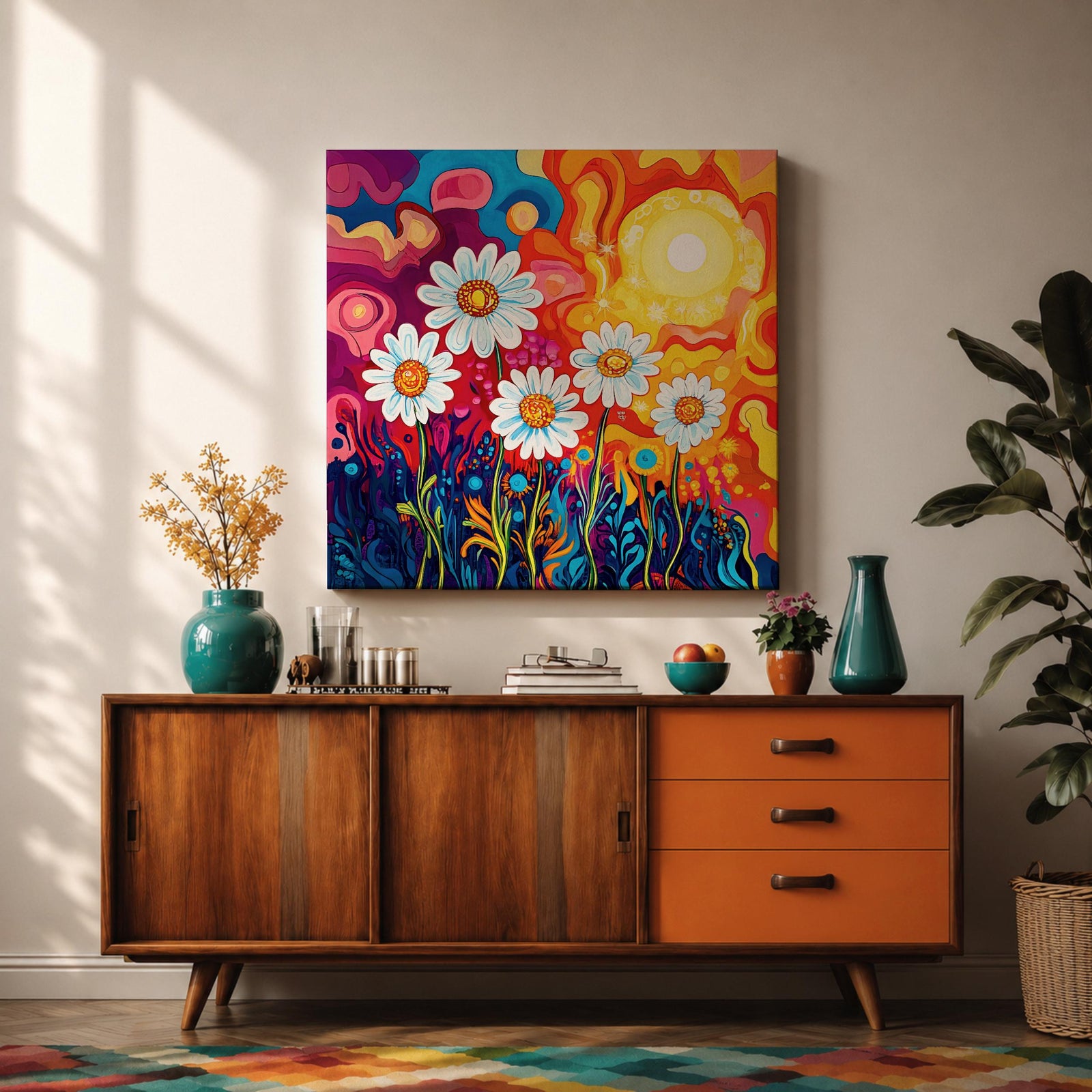 Daisy Wall Art Psychedelic Wildflower Garden Framed Canvas Boho Botanical Home Decor