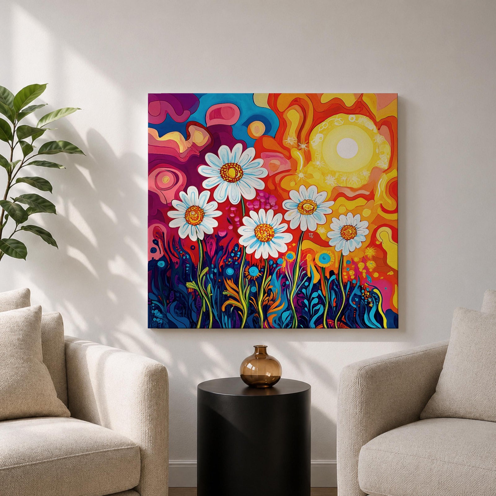 Daisy Wall Art Psychedelic Wildflower Garden Framed Canvas Boho Botanical Home Decor