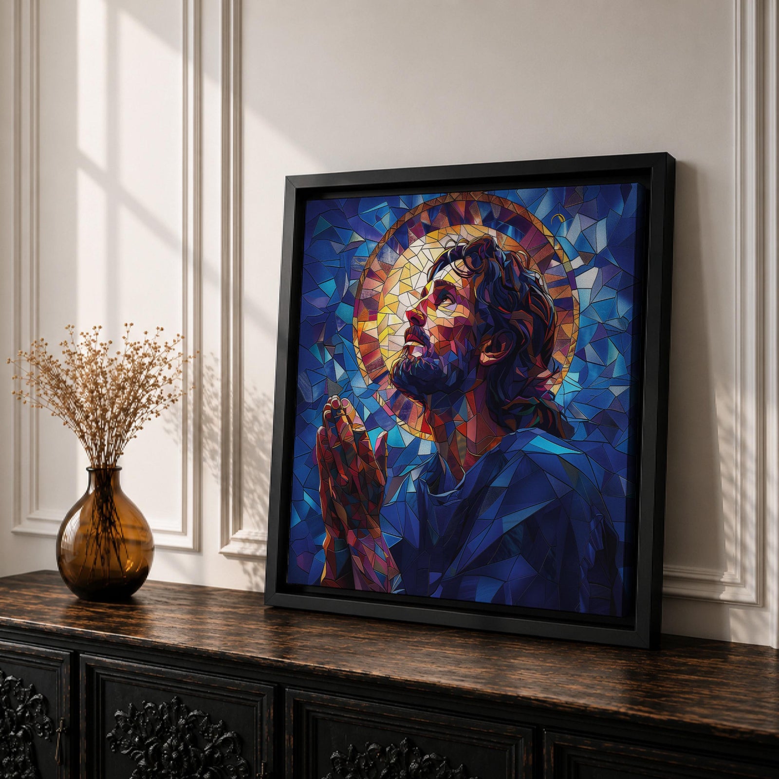 Jesus Wall Art Christ Framed Canvas Mosaic Stained Glass Christian Gift Catholic Home Decor