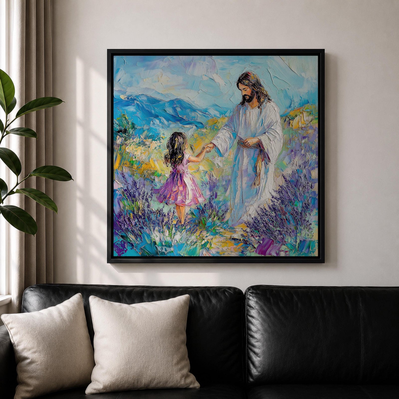 Jesus with Children Wall Art Biblical Framed Canvas Impasto Christian Gifts Catholic Home Decor