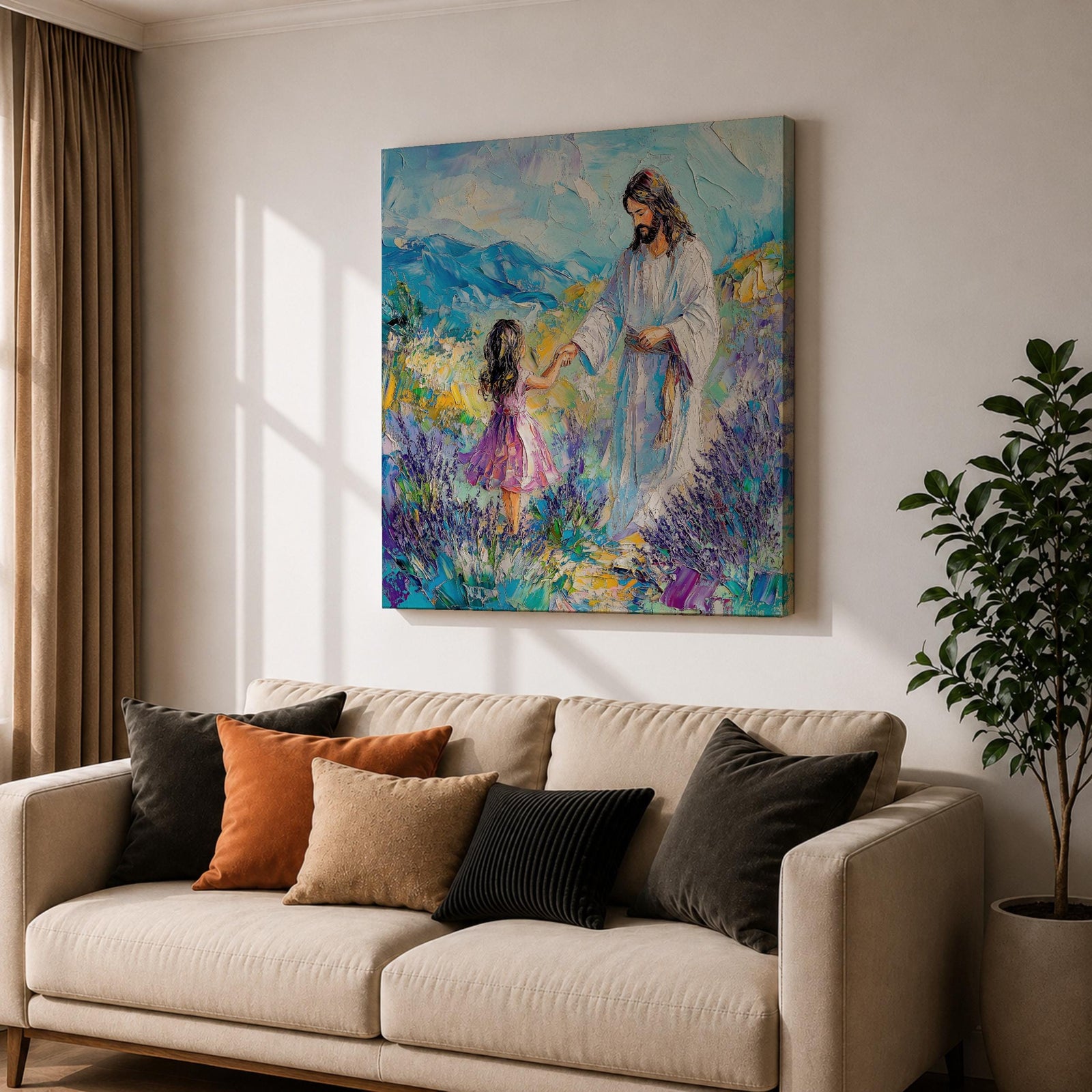 Jesus with Children Wall Art Biblical Framed Canvas Impasto Christian Gifts Catholic Home Decor