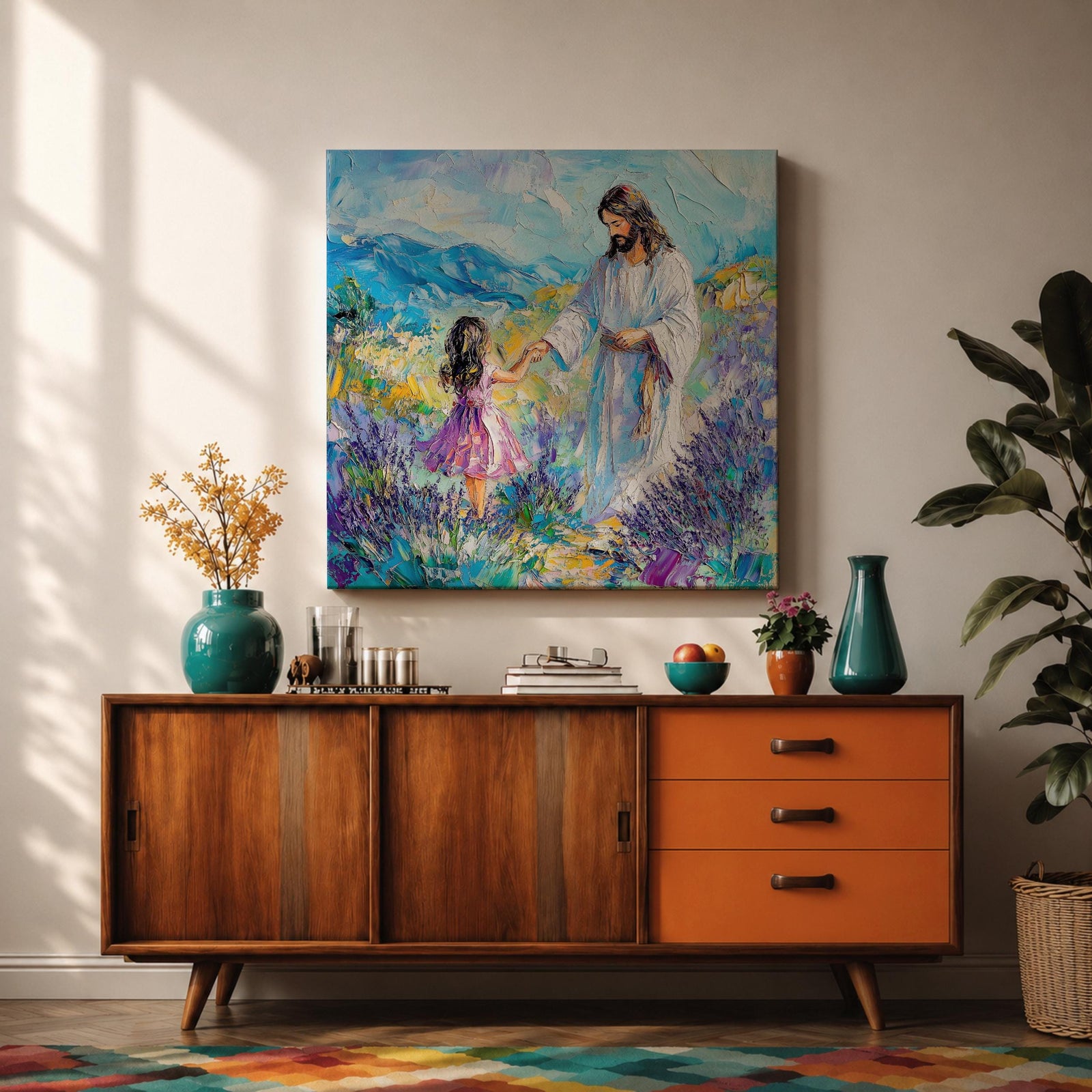Jesus with Children Wall Art Biblical Framed Canvas Impasto Christian Gifts Catholic Home Decor