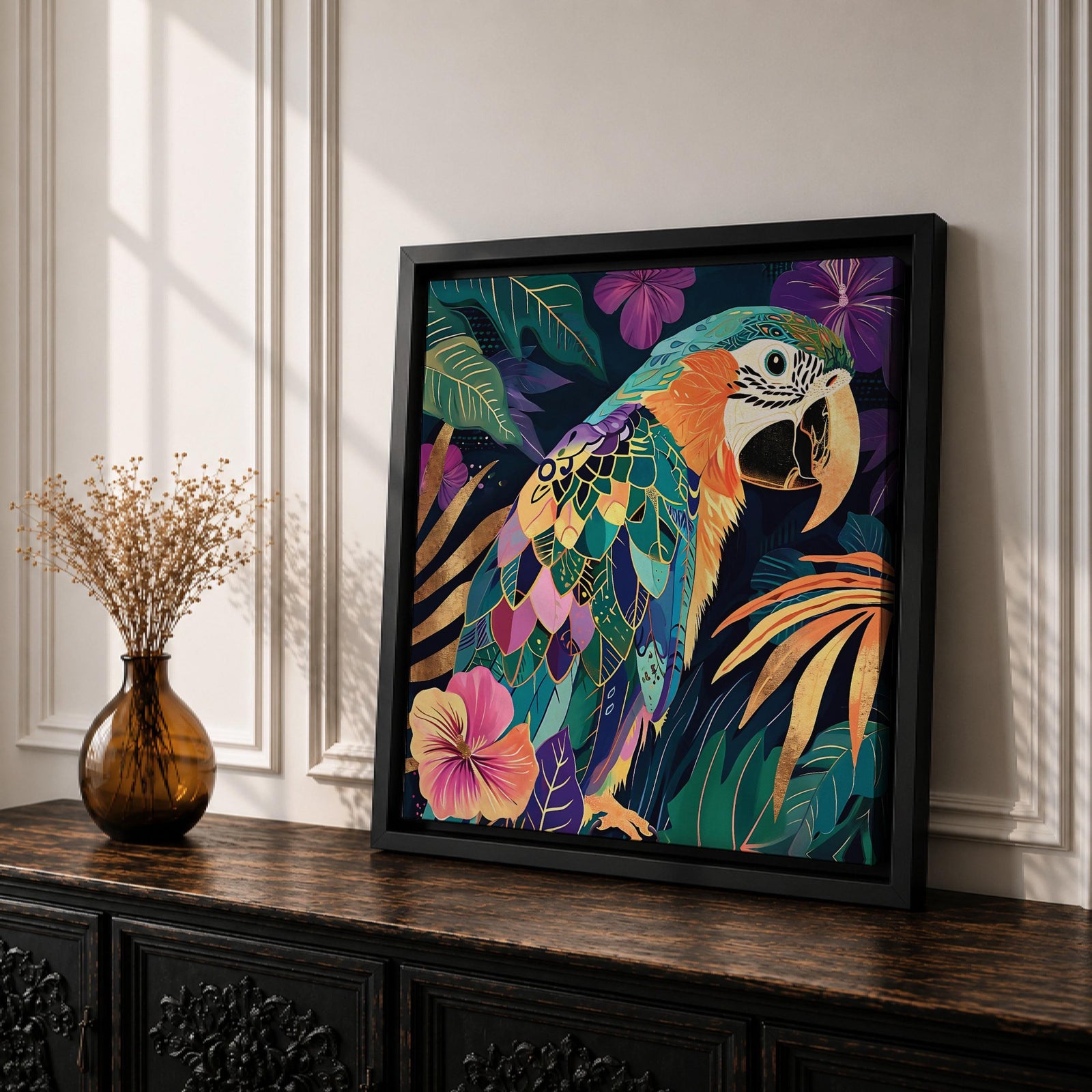 Macaw Parrot Wall Art Exotic Bird Framed Canvas Tropical Colorful Watercolor Jungle Home Decor