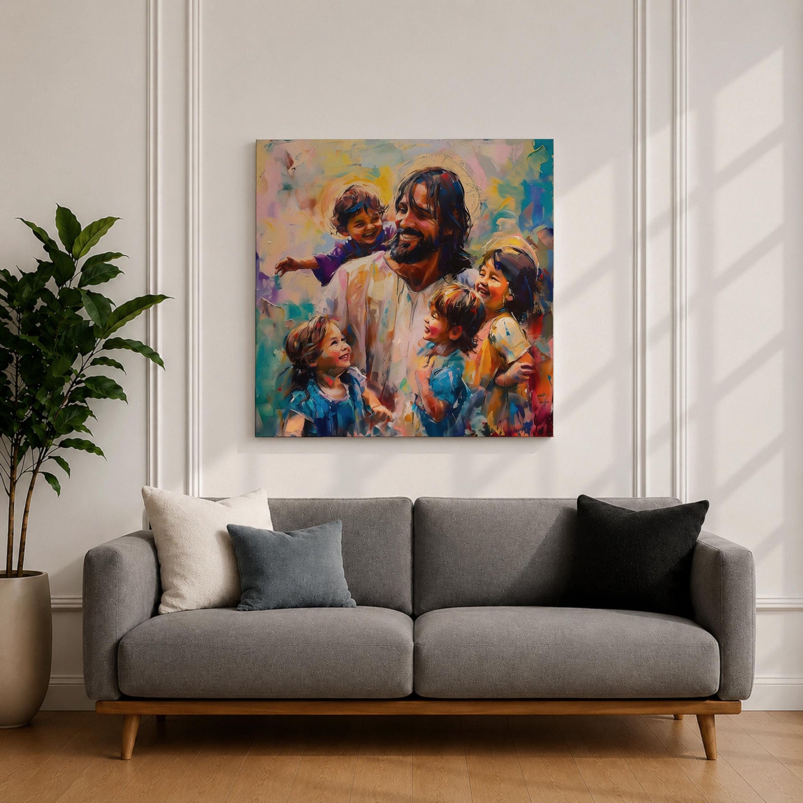 Jesus with Children Wall Art Christ with Kids Framed Canvas Biblical Christian Home Decor