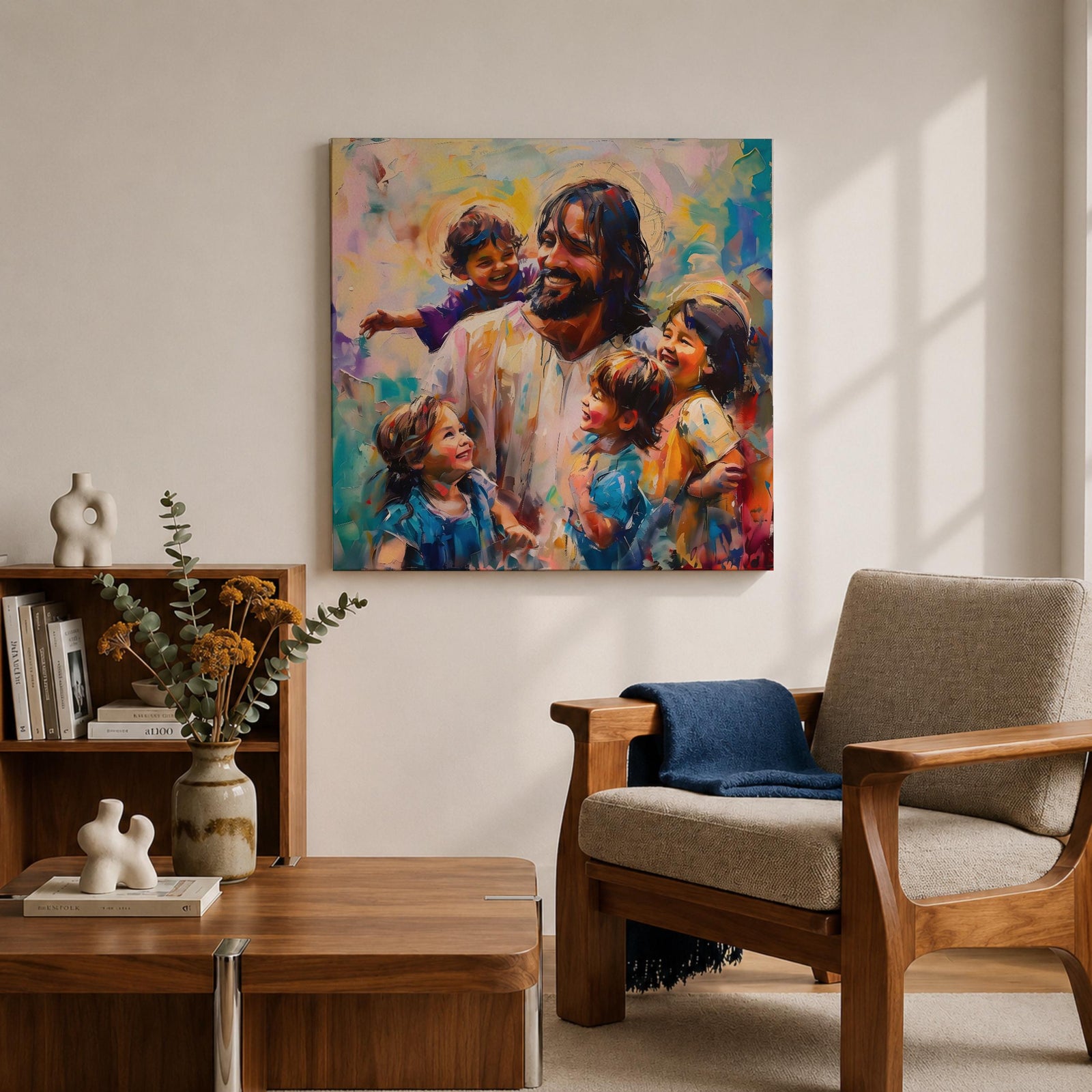 Jesus with Children Wall Art Christ with Kids Framed Canvas Biblical Christian Home Decor