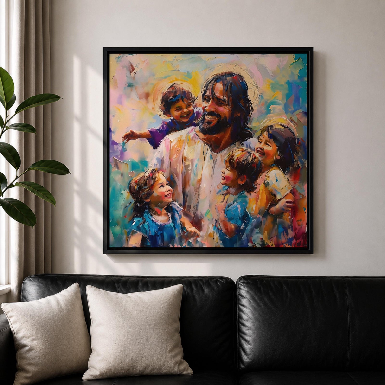 Jesus with Children Wall Art Christ with Kids Framed Canvas Biblical Christian Home Decor