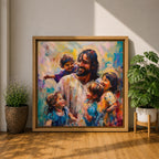 Jesus with Children Wall Art Christ with Kids Framed Canvas Biblical Christian Home Decor
