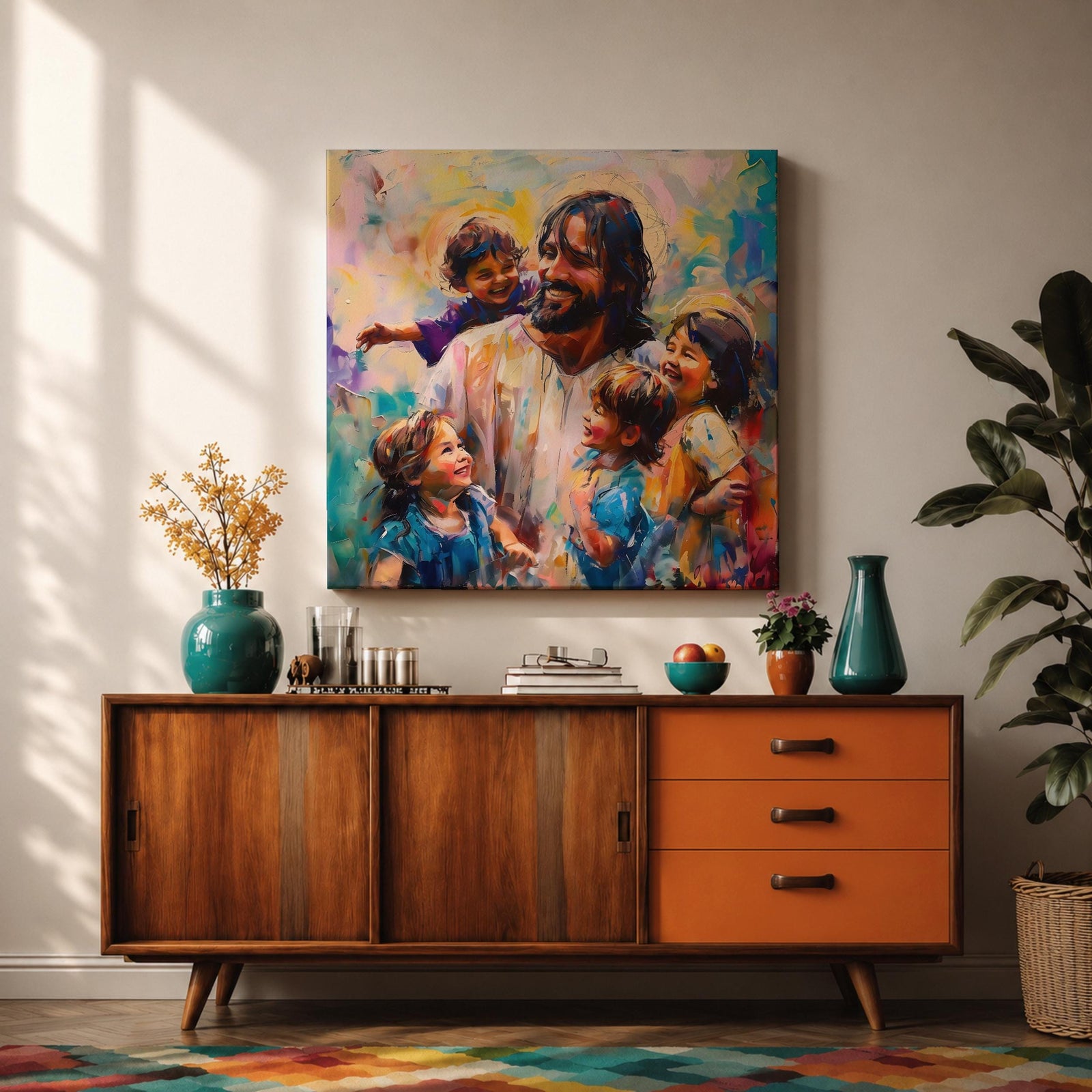 Jesus with Children Wall Art Christ with Kids Framed Canvas Biblical Christian Home Decor