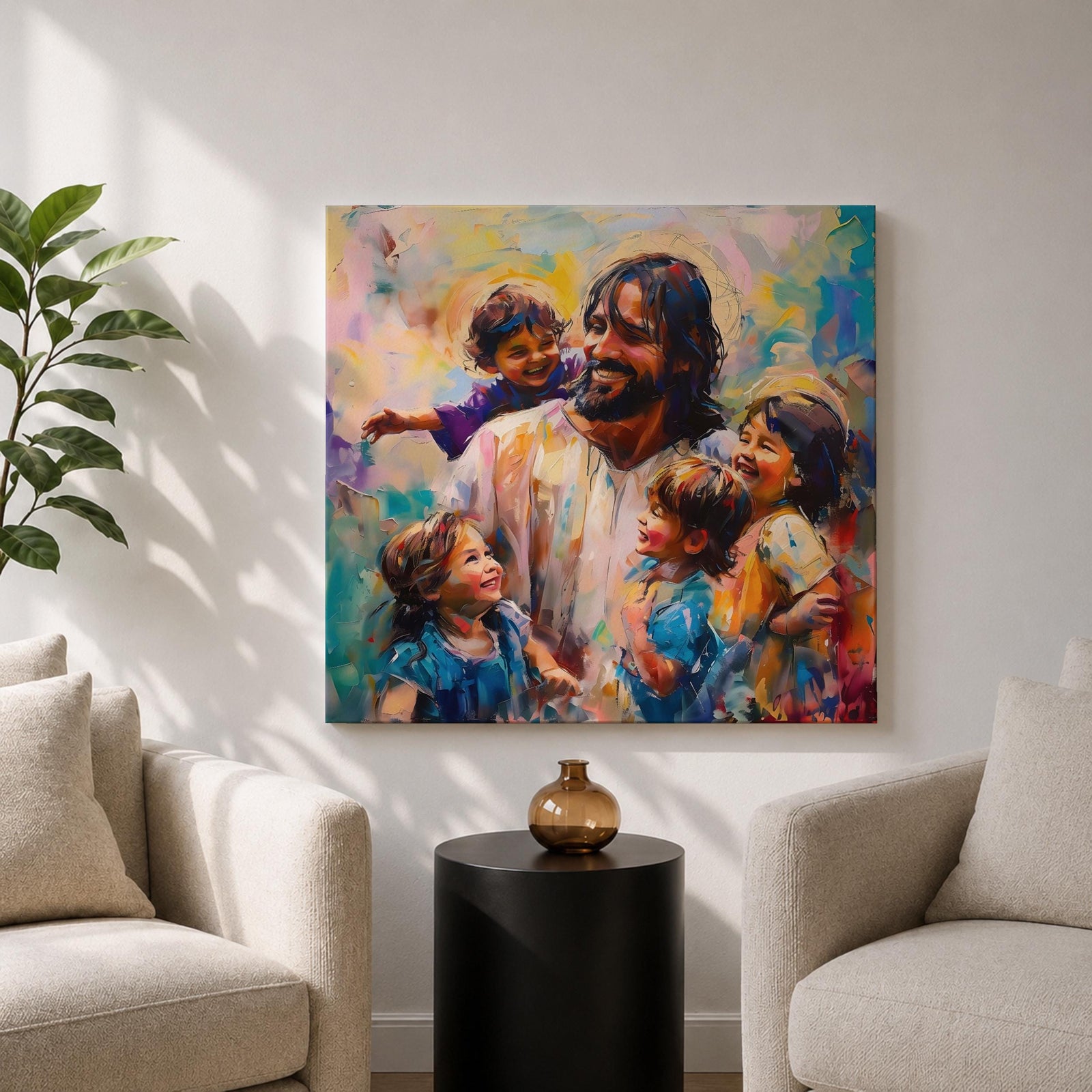 Jesus with Children Wall Art Christ with Kids Framed Canvas Biblical Christian Home Decor
