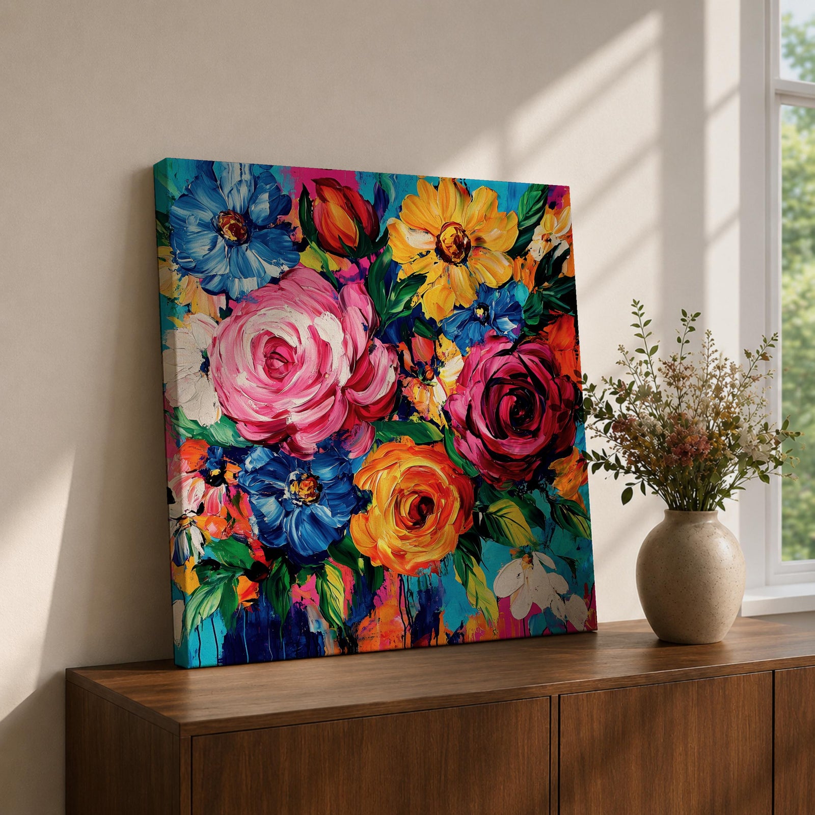 Floral Bouquet Wall Art Flower Arrangement Framed Canvas Botanical Impasto Boho Home Decor