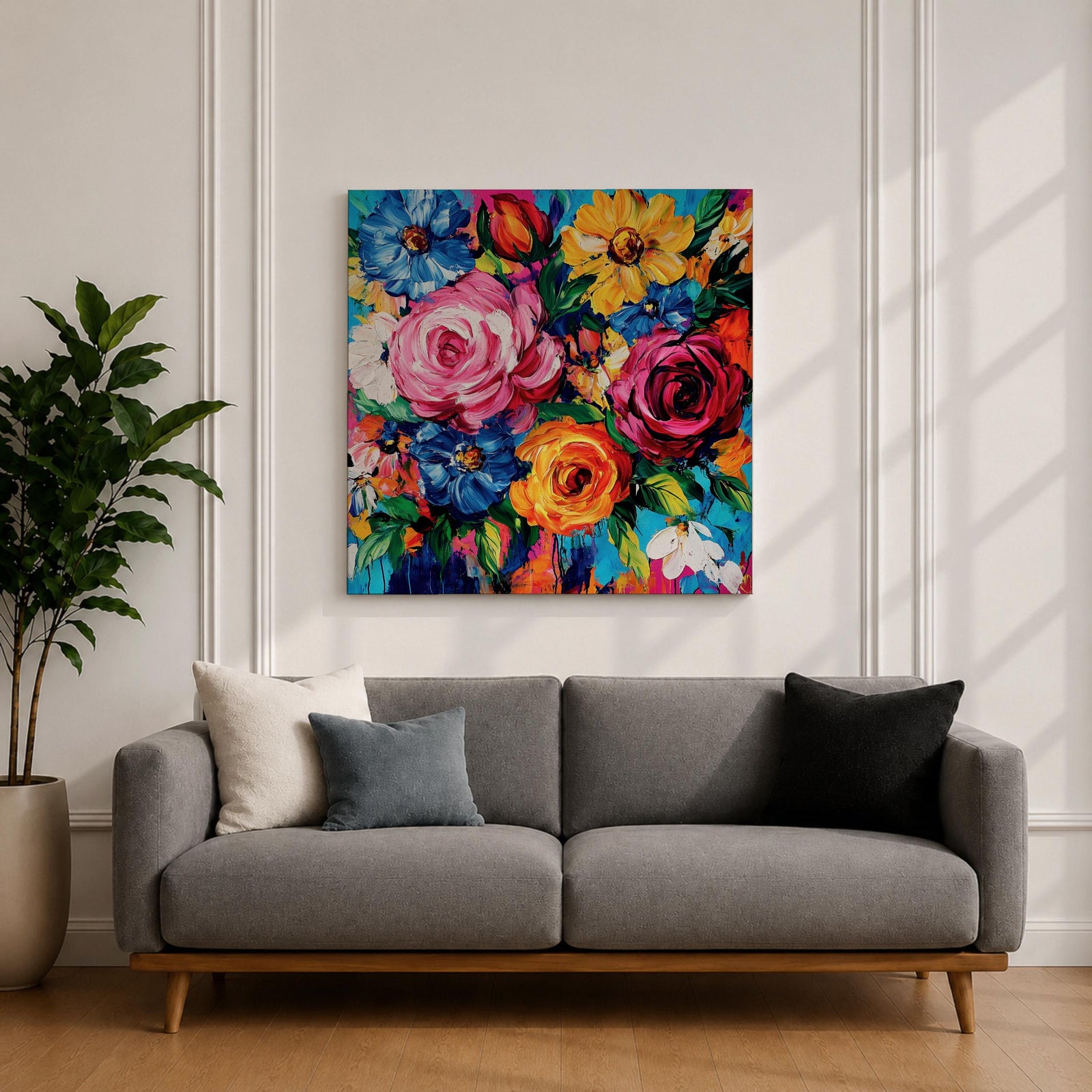 Floral Bouquet Wall Art Flower Arrangement Framed Canvas Botanical Impasto Boho Home Decor