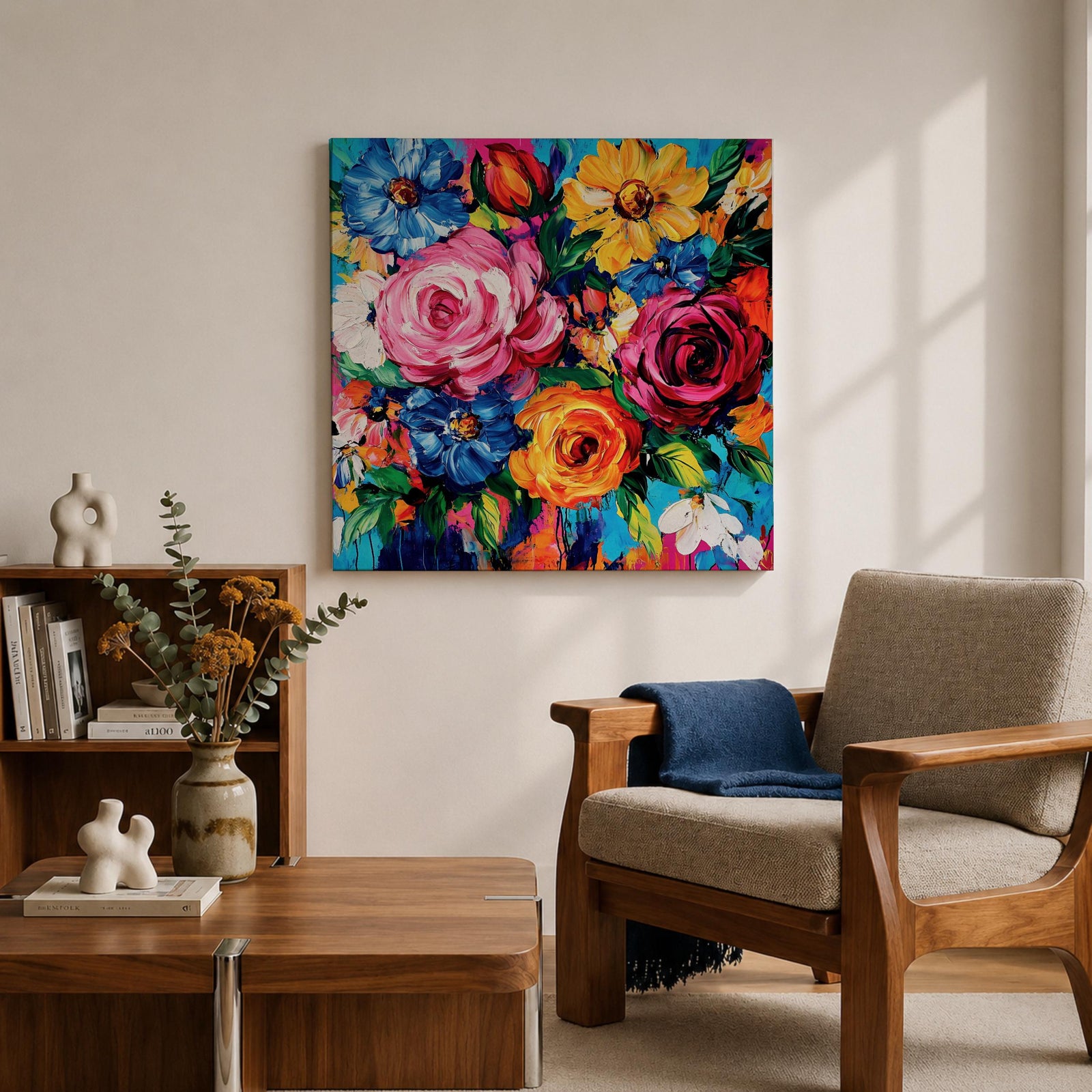 Floral Bouquet Wall Art Flower Arrangement Framed Canvas Botanical Impasto Boho Home Decor