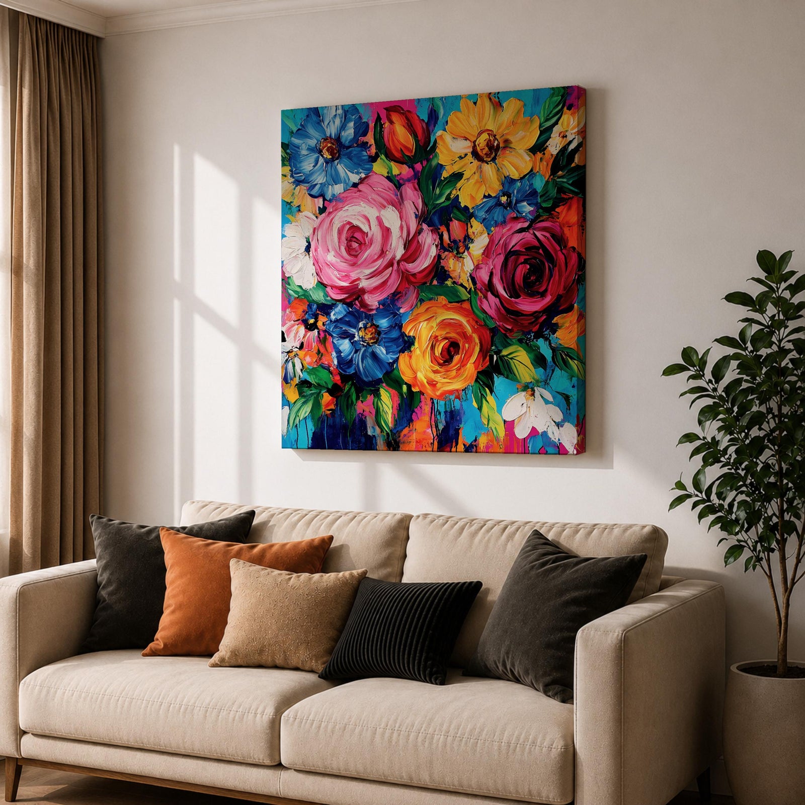 Floral Bouquet Wall Art Flower Arrangement Framed Canvas Botanical Impasto Boho Home Decor