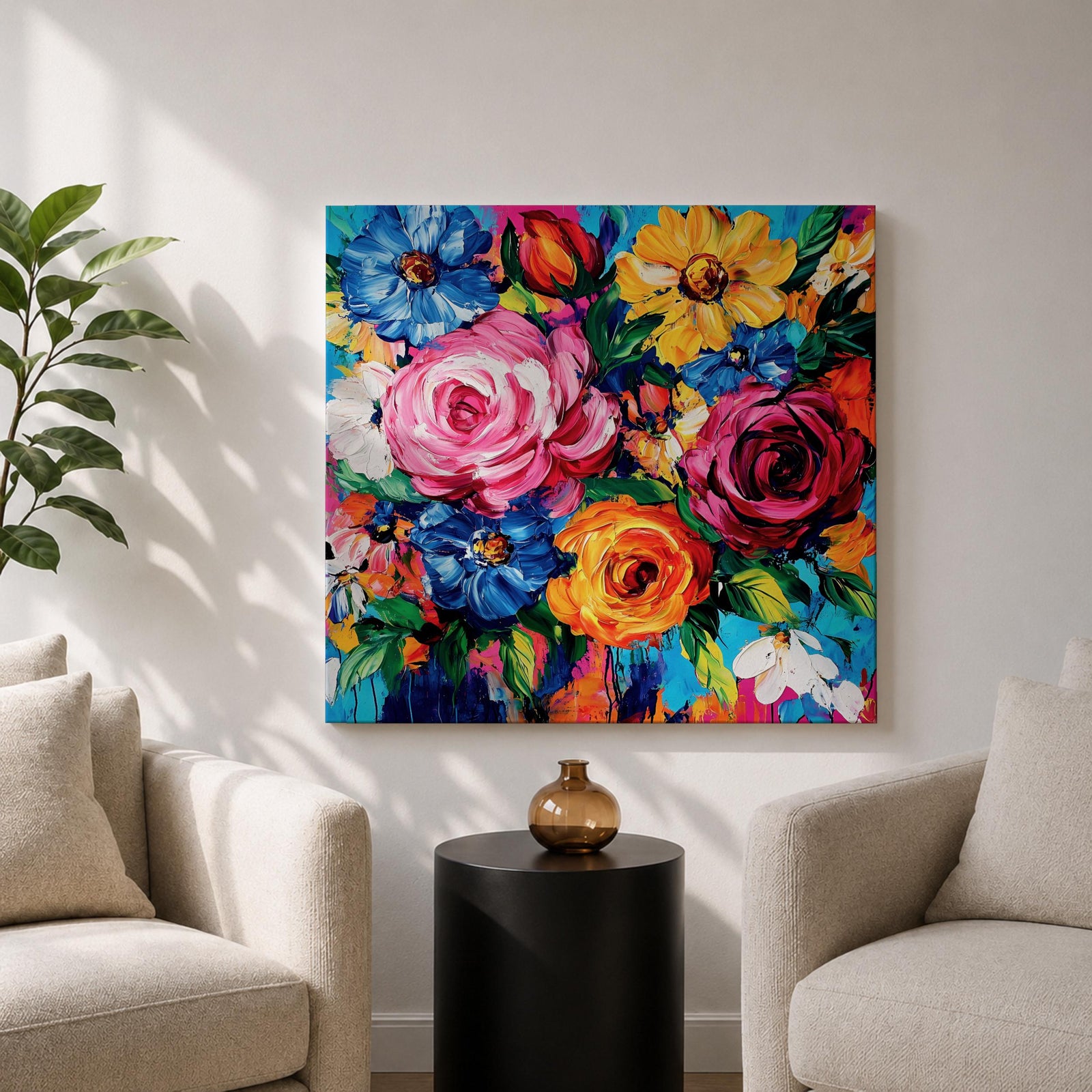 Floral Bouquet Wall Art Flower Arrangement Framed Canvas Botanical Impasto Boho Home Decor
