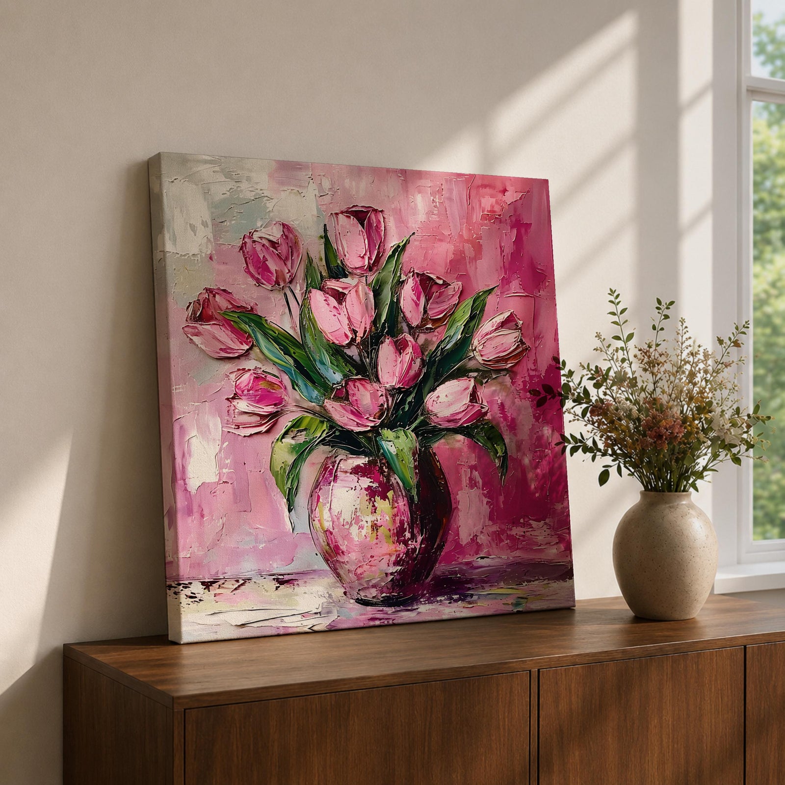 Tulip Vase Wall Art Flower Bouquet Framed Canvas Spring Garden Impasto Boho Home Decor