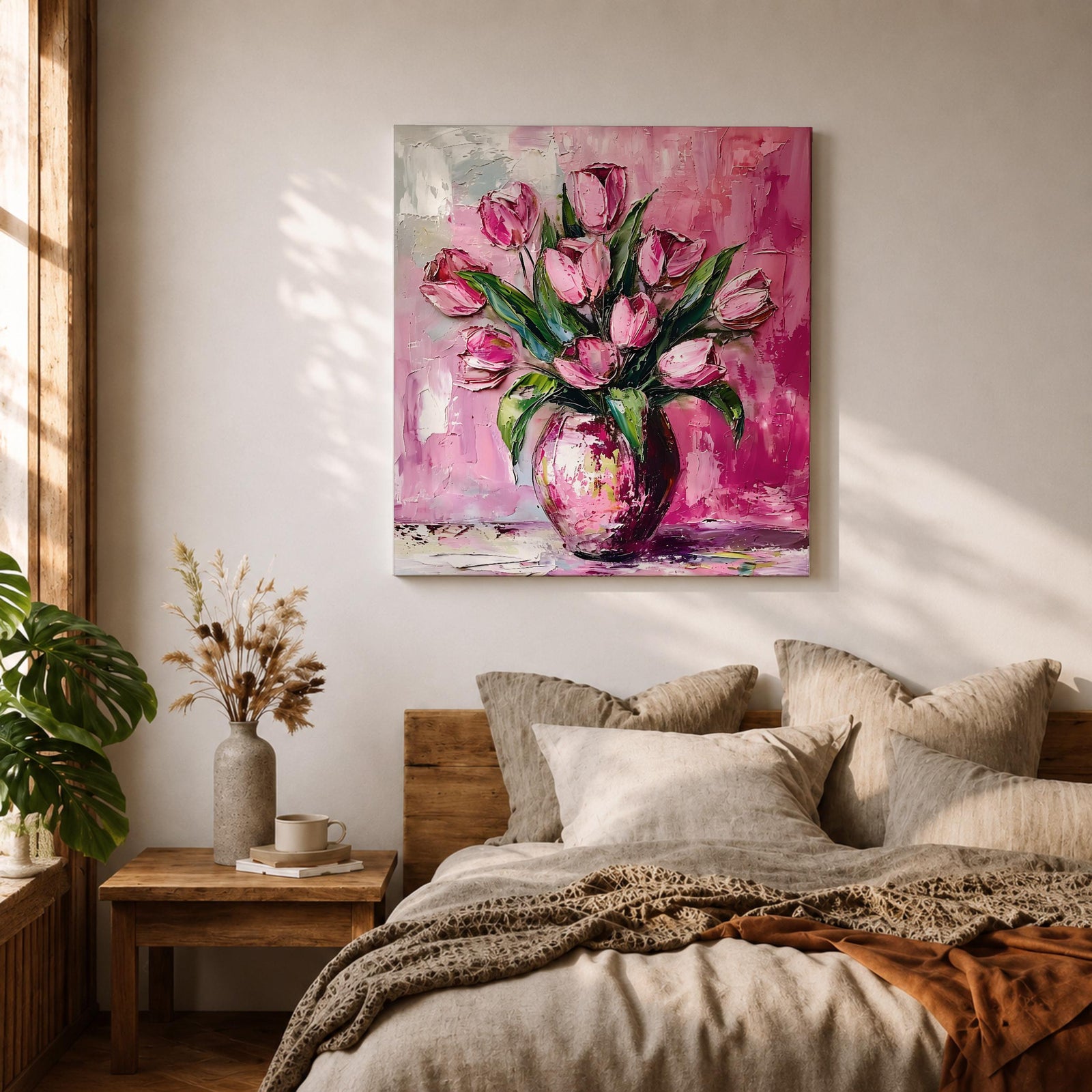 Tulip Vase Wall Art Flower Bouquet Framed Canvas Spring Garden Impasto Boho Home Decor