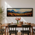Panoramic landscape painting depicting a wide alpine meadow filled with colorful wildflowers in the foreground leading toward distant snow capped mountains, with rolling hills and soft clouds above, rendered in warm natural tones and expressive brushstrokes forming a sweeping scenic mountain vista.