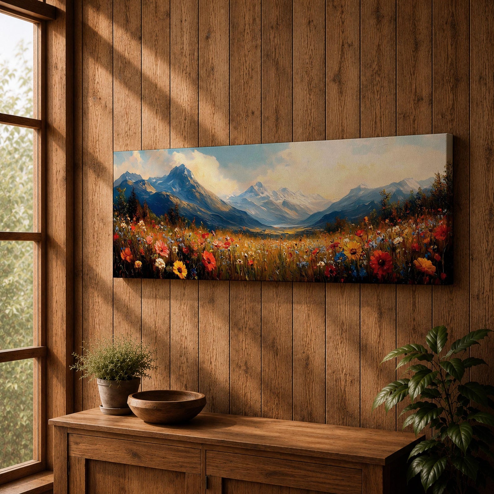 Panoramic landscape painting depicting a wide alpine meadow filled with colorful wildflowers in the foreground leading toward distant snow capped mountains, with rolling hills and soft clouds above, rendered in warm natural tones and expressive brushstrokes forming a sweeping scenic mountain vista.