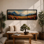 Panoramic landscape painting depicting a wide alpine meadow filled with colorful wildflowers in the foreground leading toward distant snow capped mountains, with rolling hills and soft clouds above, rendered in warm natural tones and expressive brushstrokes forming a sweeping scenic mountain vista.
