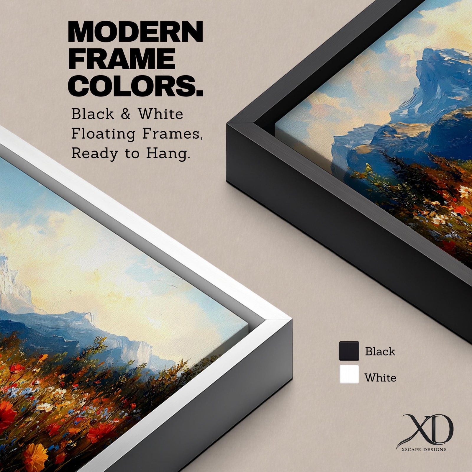 Panoramic landscape painting depicting a wide alpine meadow filled with colorful wildflowers in the foreground leading toward distant snow capped mountains, with rolling hills and soft clouds above, rendered in warm natural tones and expressive brushstrokes forming a sweeping scenic mountain vista.