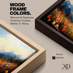 Panoramic landscape painting depicting a wide alpine meadow filled with colorful wildflowers in the foreground leading toward distant snow capped mountains, with rolling hills and soft clouds above, rendered in warm natural tones and expressive brushstrokes forming a sweeping scenic mountain vista.