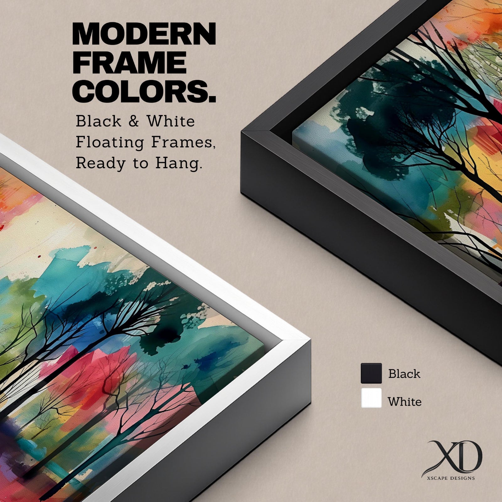 Panoramic abstract watercolor painting of a forest landscape with tall slender tree silhouettes reflected in still water, surrounded by vibrant washes of teal, orange, red, yellow, and green forming a colorful woodland scene with expressive brushwork and soft atmospheric blending.