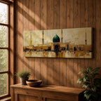 Panoramic painting depicting Masjid Al Nabawi in Medina with its iconic green dome and surrounding minarets rising above golden mosque architecture, rendered with textured brushstrokes and warm earth tones reflecting across calm water beneath a softly illuminated sky.