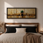 Panoramic painting depicting Masjid Al Nabawi in Medina with its iconic green dome and surrounding minarets rising above golden mosque architecture, rendered with textured brushstrokes and warm earth tones reflecting across calm water beneath a softly illuminated sky.