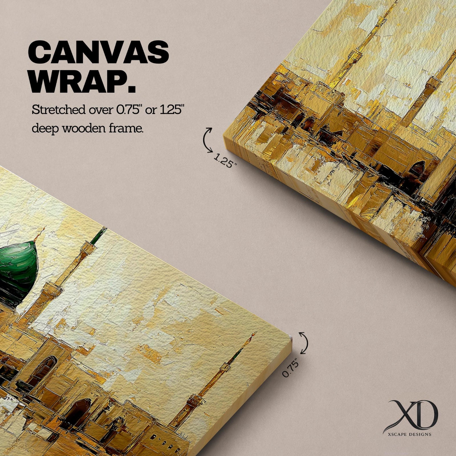Panoramic painting depicting Masjid Al Nabawi in Medina with its iconic green dome and surrounding minarets rising above golden mosque architecture, rendered with textured brushstrokes and warm earth tones reflecting across calm water beneath a softly illuminated sky.