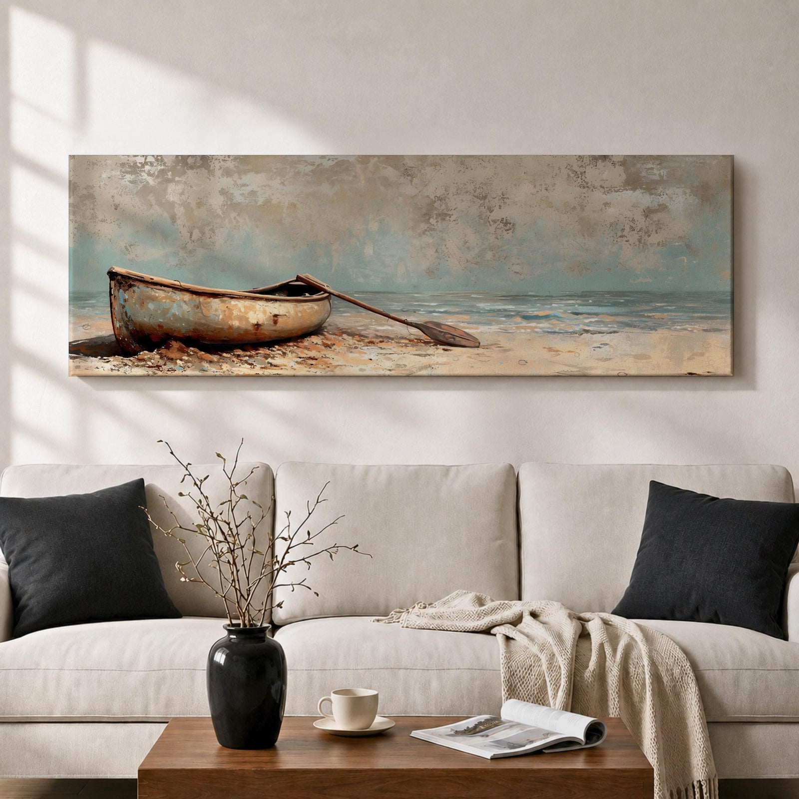 Panoramic oil painting of a weathered wooden rowboat resting on a sandy beach with a single oar lying beside it, facing calm ocean water and a distant horizon beneath a textured cloudy sky rendered in muted coastal tones with soft waves and subtle shoreline detail.