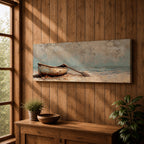 Panoramic oil painting of a weathered wooden rowboat resting on a sandy beach with a single oar lying beside it, facing calm ocean water and a distant horizon beneath a textured cloudy sky rendered in muted coastal tones with soft waves and subtle shoreline detail.