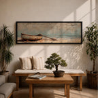 Panoramic oil painting of a weathered wooden rowboat resting on a sandy beach with a single oar lying beside it, facing calm ocean water and a distant horizon beneath a textured cloudy sky rendered in muted coastal tones with soft waves and subtle shoreline detail.