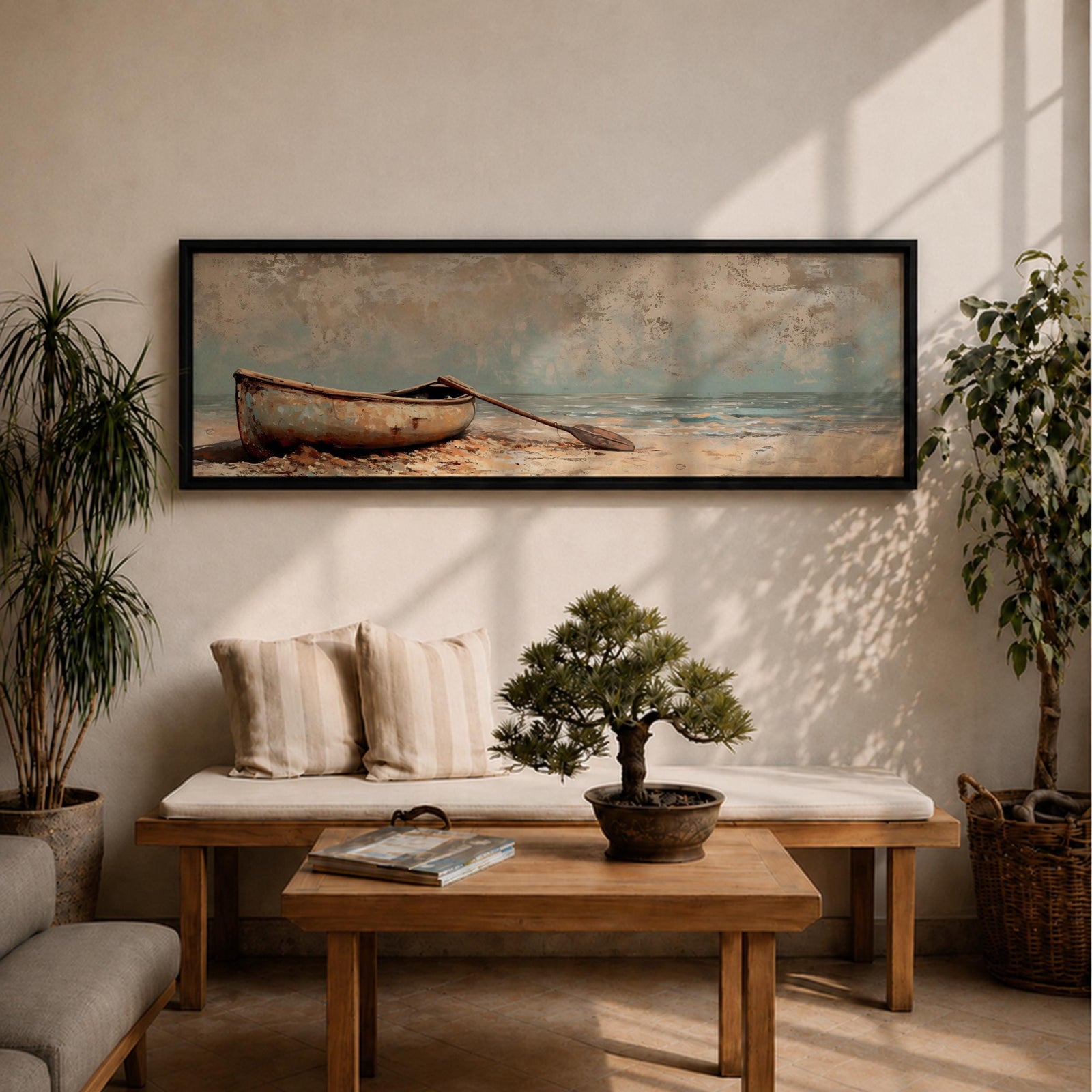 Panoramic oil painting of a weathered wooden rowboat resting on a sandy beach with a single oar lying beside it, facing calm ocean water and a distant horizon beneath a textured cloudy sky rendered in muted coastal tones with soft waves and subtle shoreline detail.
