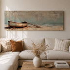 Panoramic oil painting of a weathered wooden rowboat resting on a sandy beach with a single oar lying beside it, facing calm ocean water and a distant horizon beneath a textured cloudy sky rendered in muted coastal tones with soft waves and subtle shoreline detail.