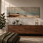 Panoramic oil painting of a weathered wooden rowboat resting on a sandy beach with a single oar lying beside it, facing calm ocean water and a distant horizon beneath a textured cloudy sky rendered in muted coastal tones with soft waves and subtle shoreline detail.
