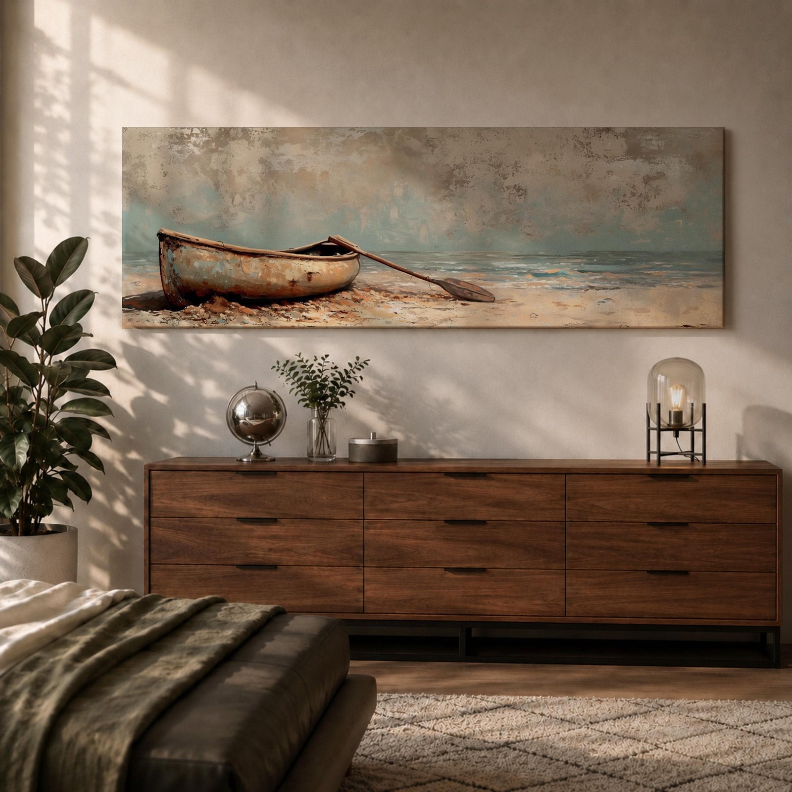 Panoramic oil painting of a weathered wooden rowboat resting on a sandy beach with a single oar lying beside it, facing calm ocean water and a distant horizon beneath a textured cloudy sky rendered in muted coastal tones with soft waves and subtle shoreline detail.