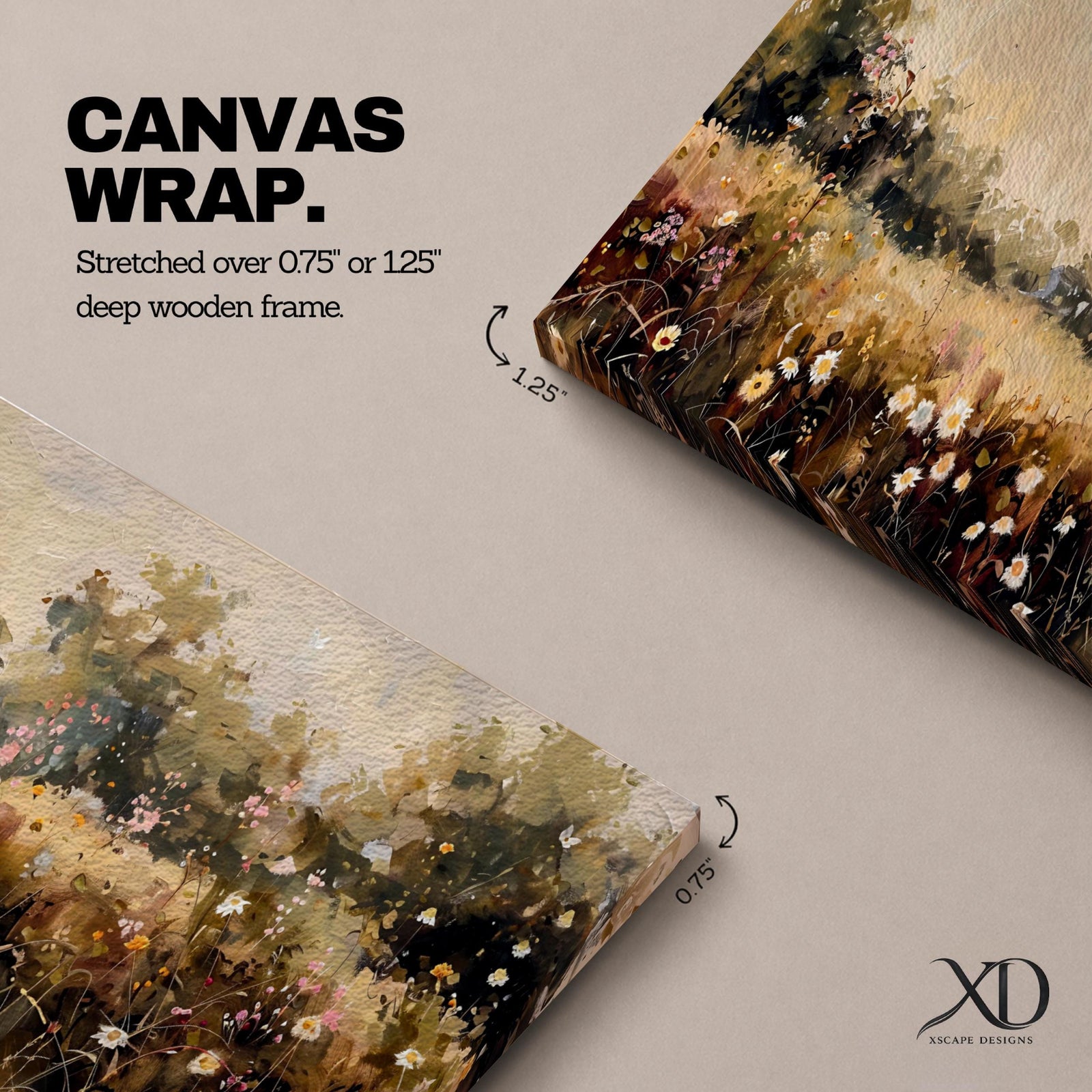 Panoramic landscape painting of a wildflower meadow filled with blooming daisies and delicate field flowers scattered across tall grasses, with soft trees along the horizon and warm sunlight illuminating the countryside scene rendered in earthy tones and loose expressive brushstrokes.