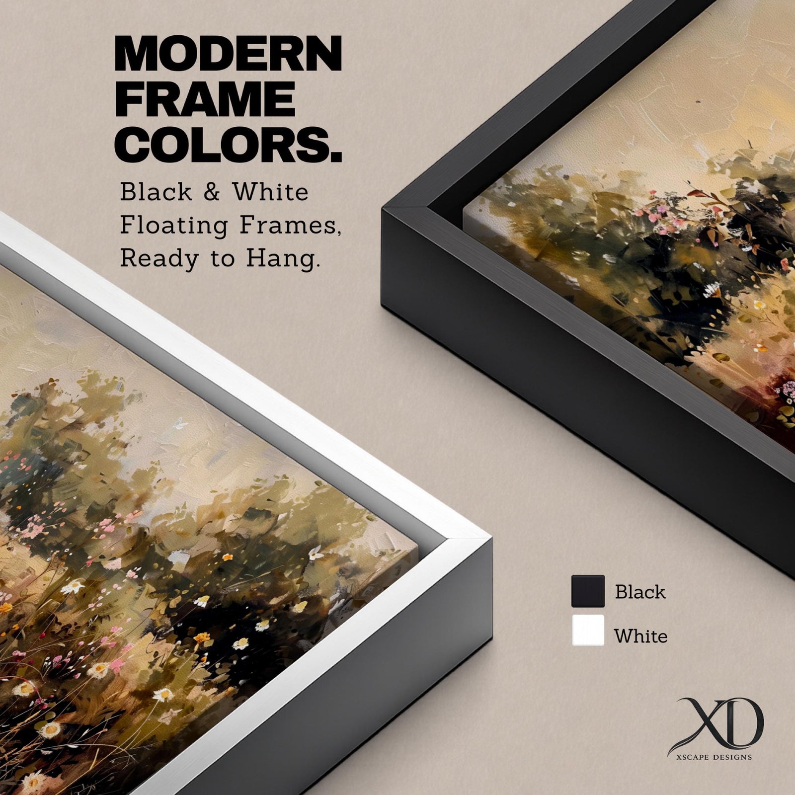 Panoramic landscape painting of a wildflower meadow filled with blooming daisies and delicate field flowers scattered across tall grasses, with soft trees along the horizon and warm sunlight illuminating the countryside scene rendered in earthy tones and loose expressive brushstrokes.