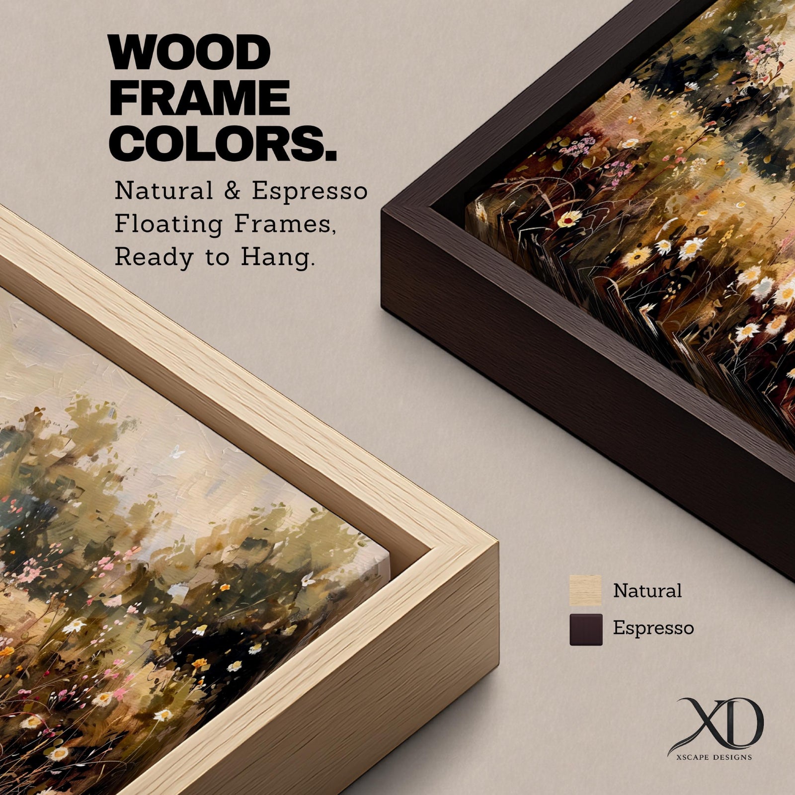 Panoramic landscape painting of a wildflower meadow filled with blooming daisies and delicate field flowers scattered across tall grasses, with soft trees along the horizon and warm sunlight illuminating the countryside scene rendered in earthy tones and loose expressive brushstrokes.
