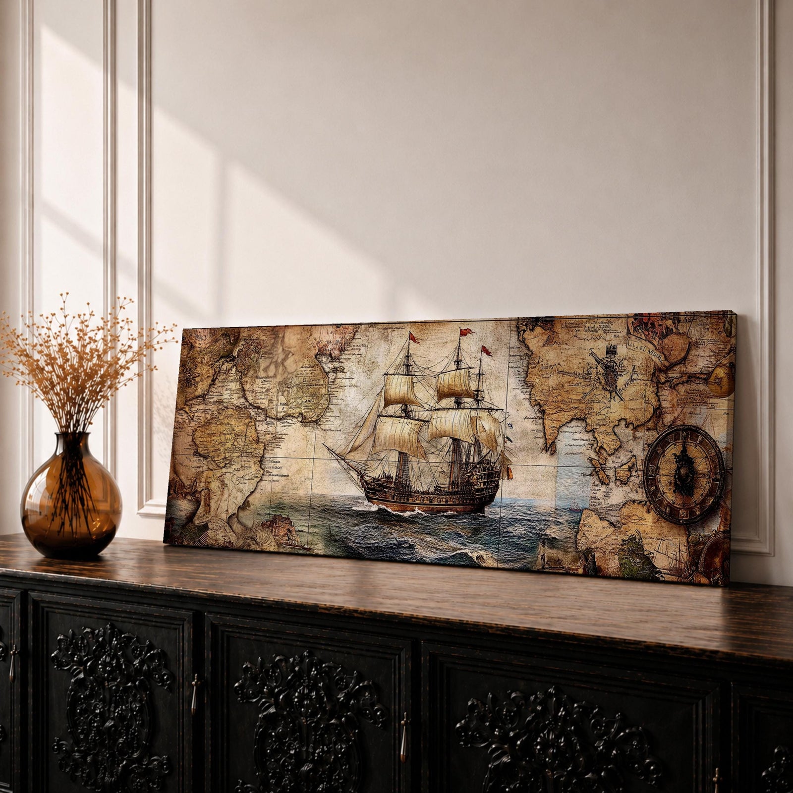 Panoramic vintage style artwork depicting an old world map with a detailed sailing ship navigating across the ocean, surrounded by antique cartographic illustrations, compass elements, and aged parchment textures forming a classic nautical exploration scene.
